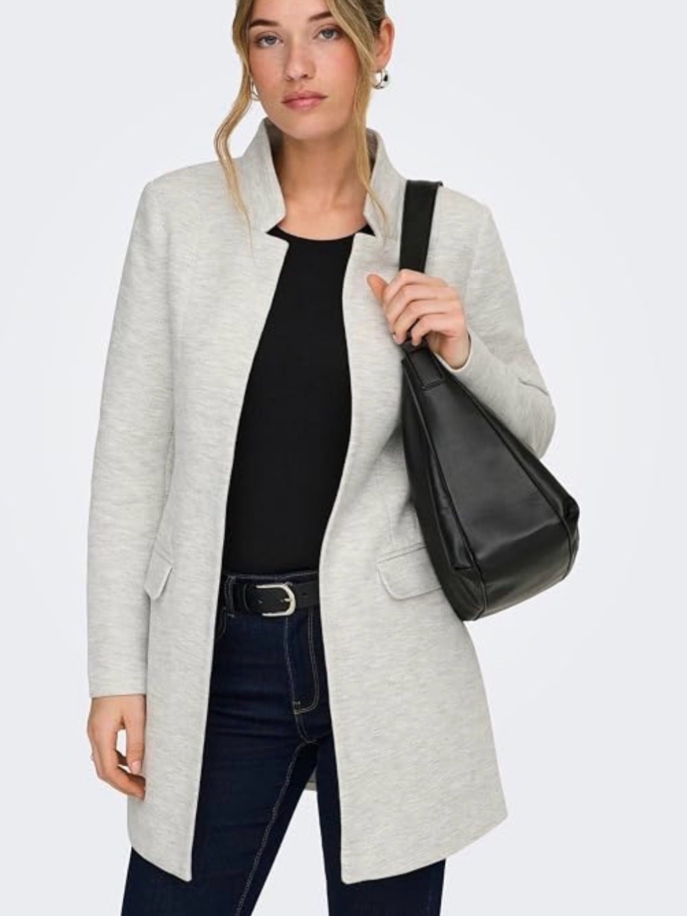 ONLY Light Gray Collarless Long Blazer Coat